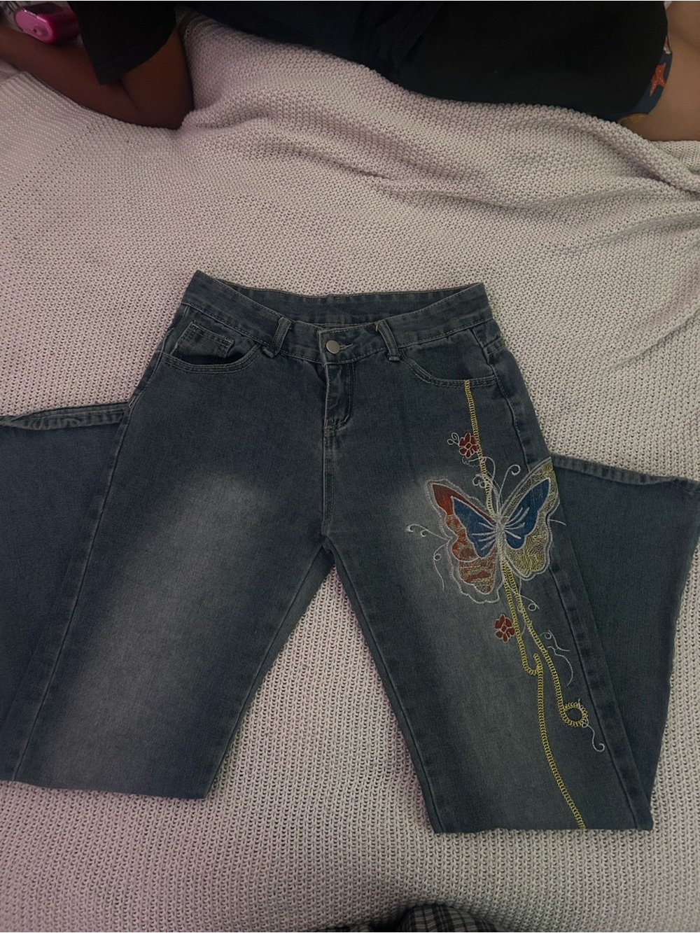 Women’s Dark Gray Straight Leg Jeans with Embroidered Butterfly